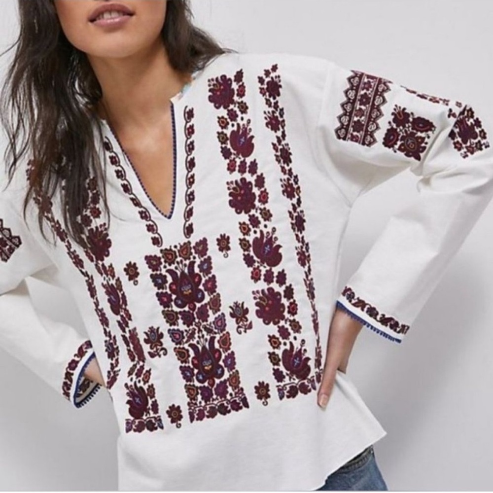 EUC Anthropologie Tiny Brand XL White Blouse with Burgundy Floral Embroidery